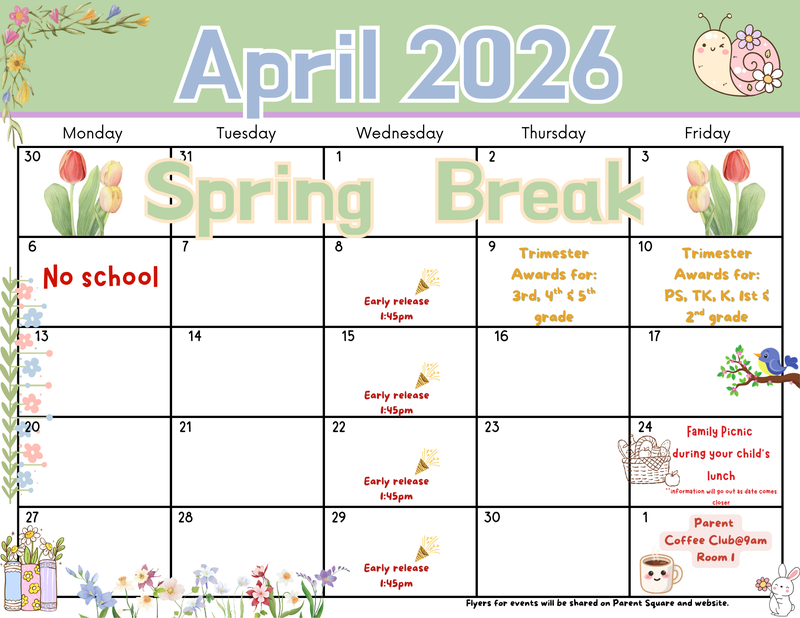 April calendar of events with images of spring flowers, bunnies and a snail spring themed,as well as books with flowers growing out of them All written details in the article