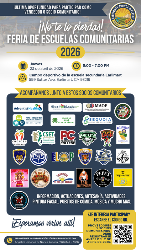 Flyer for the Earlimart School District Community Schools Fair 2026 featuring event title, date, time, location, partner logos, and a QR code. All event details are included in the article.