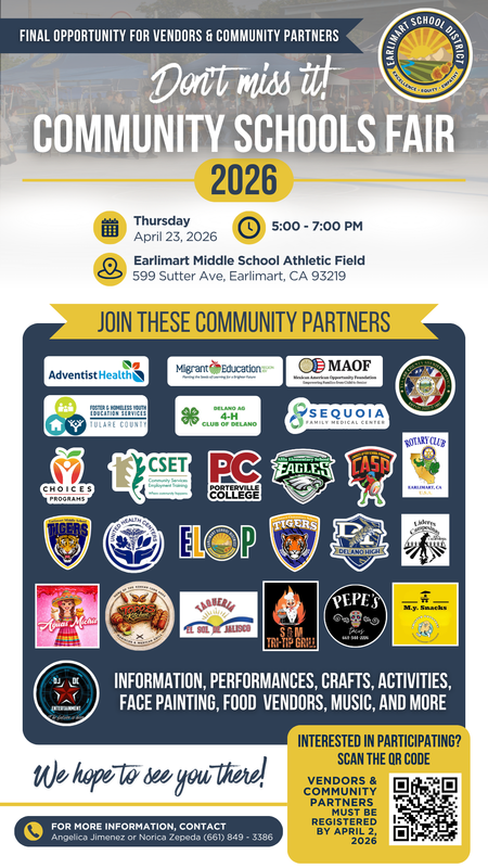 Flyer for the Earlimart School District Community Schools Fair 2026 featuring event title, date, time, location, partner logos, and a QR code. All event details are included in the article.