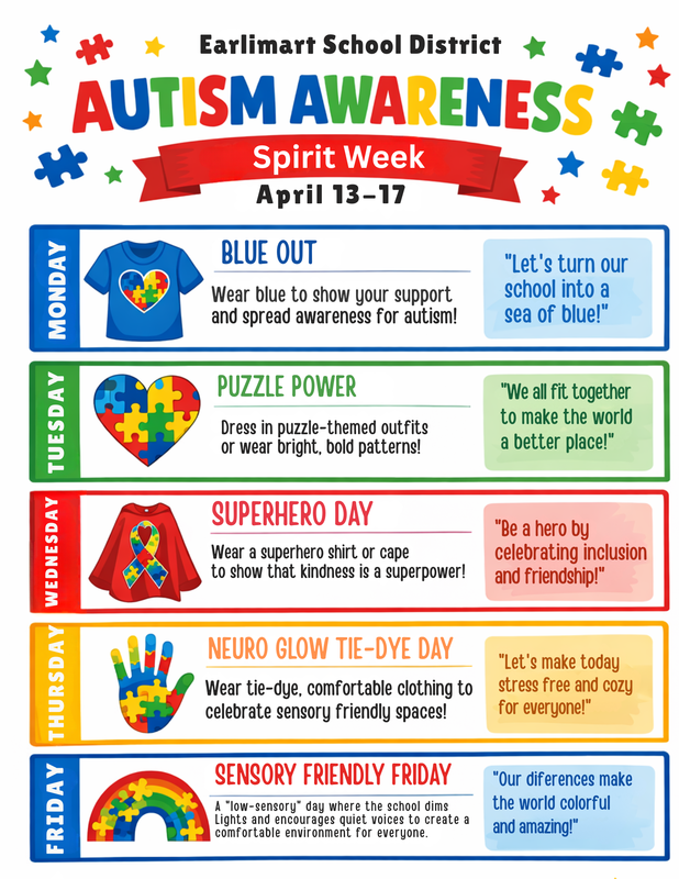 Image includes bright color puzzle pieces and announcment for Autism Awareness spirit week with theme dress up days.