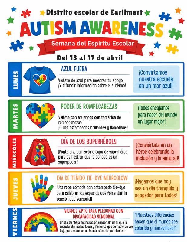 La imagen incluye piezas de rompecabezas de colores brillantes y un anuncio para la semana del espíritu de concienciación sobre el autismo con temas de disfraces para cada día