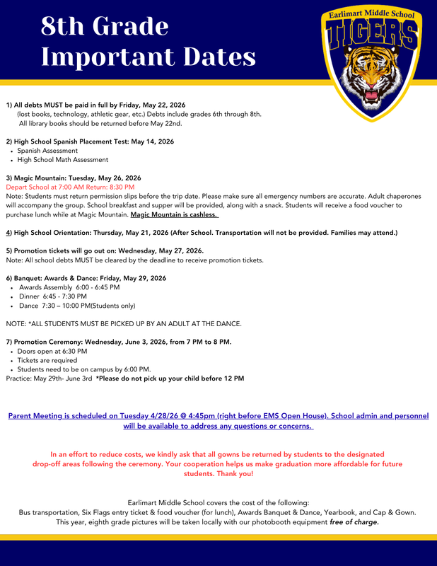 Flyer includes tiger logo and important 8th grade dates. 