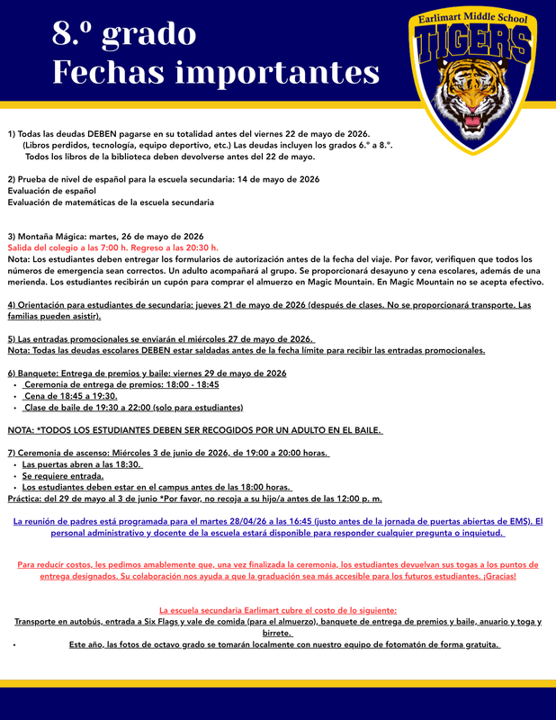 Flyer includes tiger logo and important 8th grade dates. 
