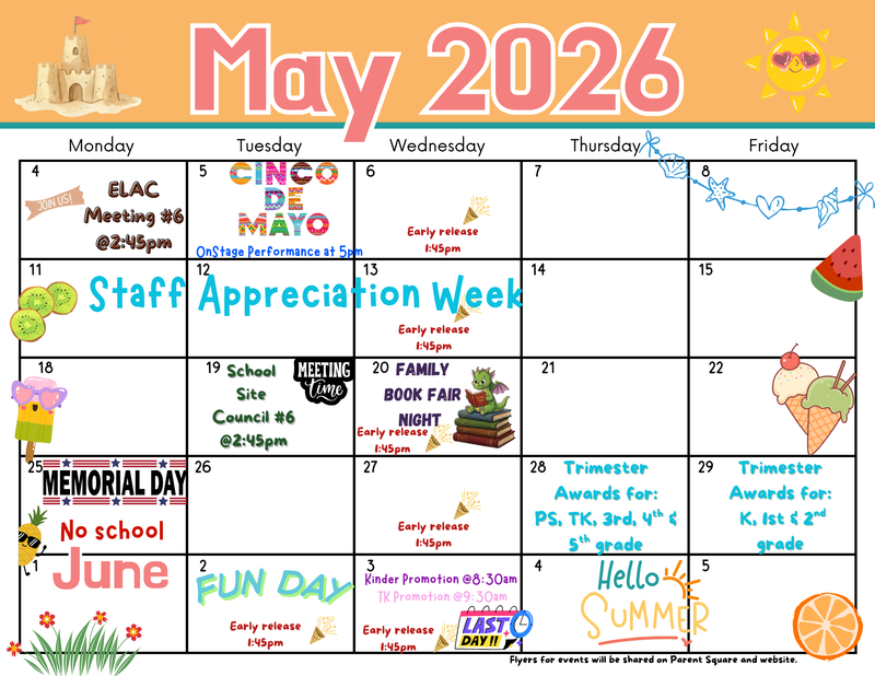 May calendar of events with images of summer flowers, a sun, fruits & ice creams & popsicles, summer themed All written details in the article