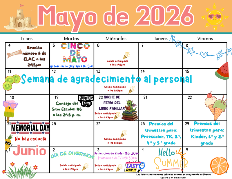 (Spanish translation) May calendar of events with images of summer flowers, a sun, fruits & ice creams & popsicles, summer themed All written details in the article