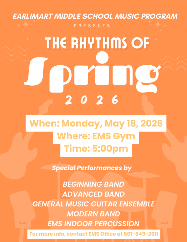 Image includes information for EMS' Spring Concert 2026 scheduled for Monday May 18, 2026 at 5pm in the school gym. 