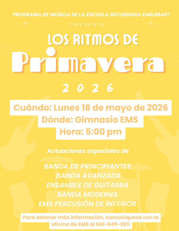 Image includes information for EMS' Spring Concert 2026 scheduled for Monday May 18, 2026 at 5pm in the school gym. 
