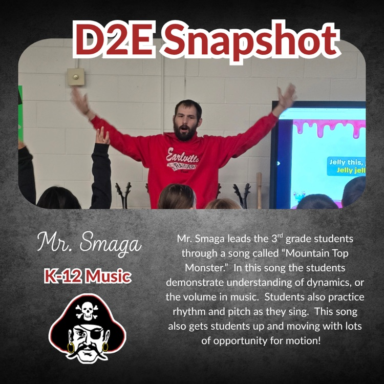 A man with a beard, red sweatshirt, and raised arms leads a classroom. Text mentions a song, "Mountain Top Monster", and teaching dynamics.