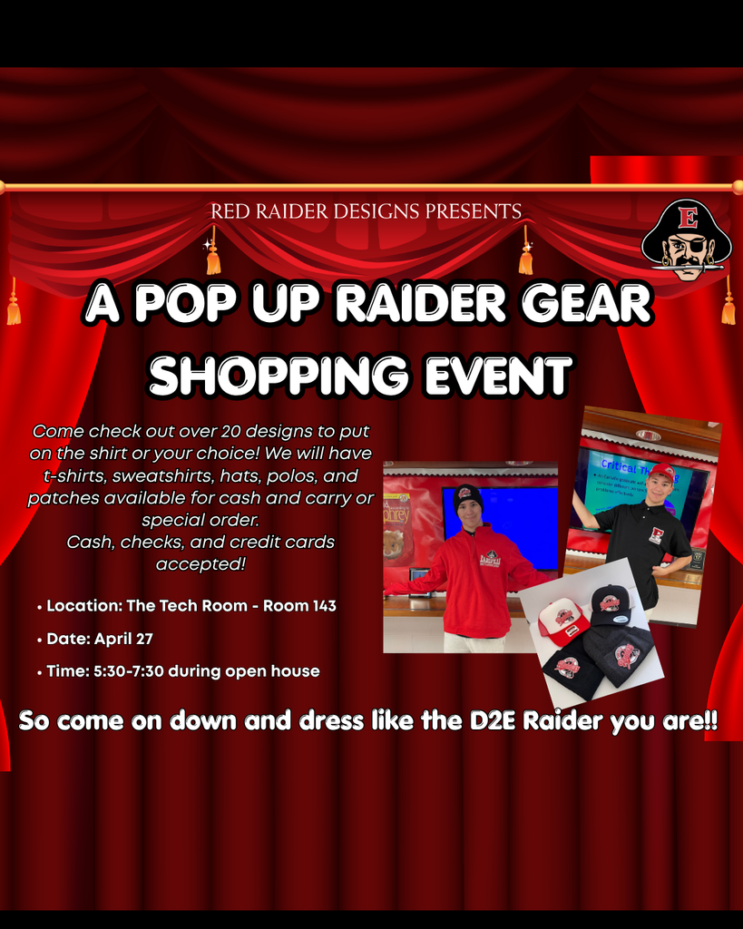 A flyer displays "Red Raider Designs Presents: A Pop Up Raider Gear Shopping Event" with red curtains. It lists over 20 designs for shirts, sweatshirts, hats, and more.
