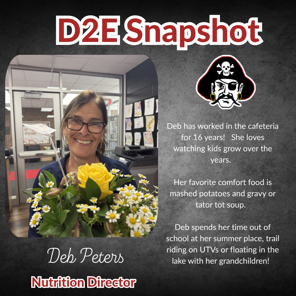 Black background with a pirate logo. A smiling woman in glasses holds a bouquet. Text reads: Deb Peters, Nutrition Director.