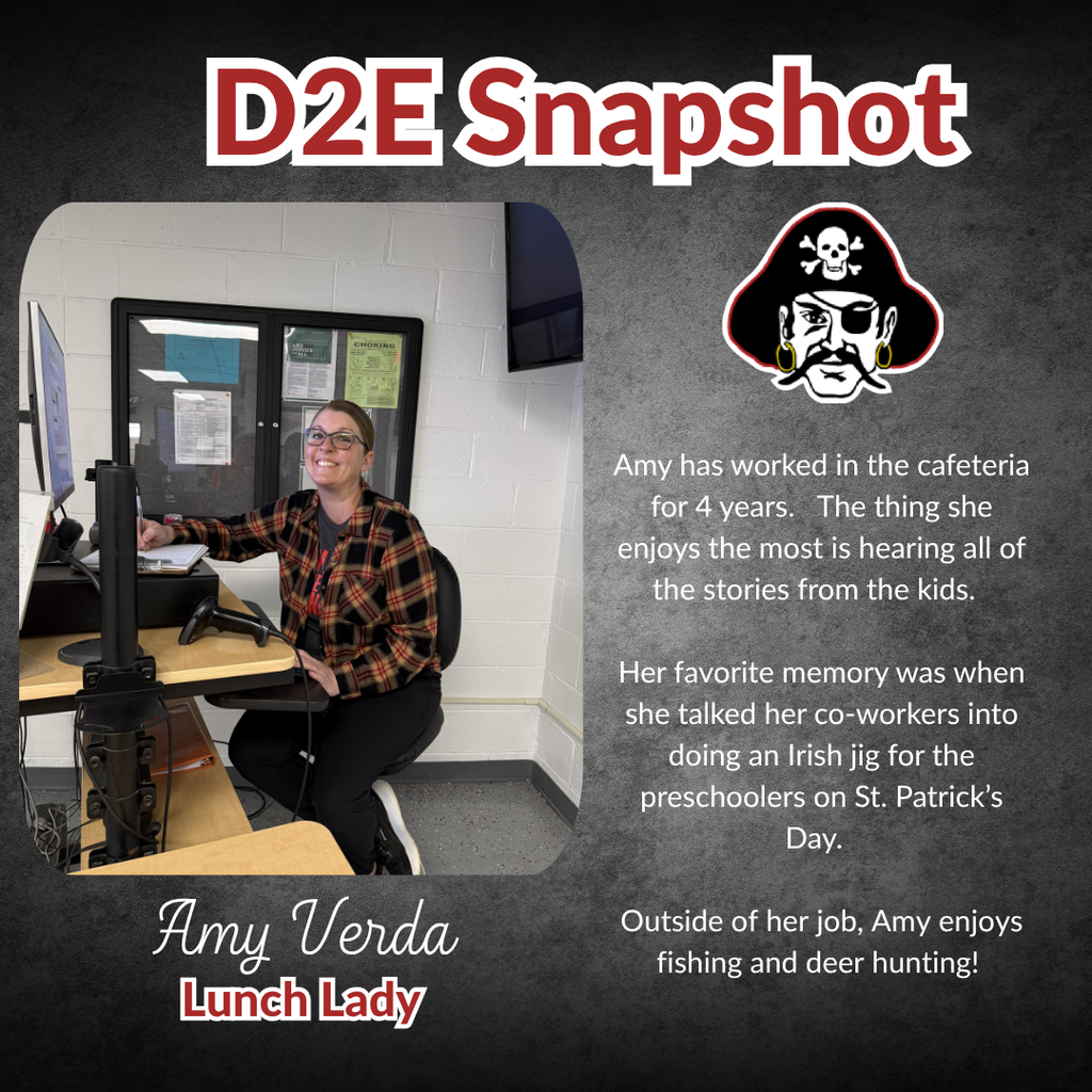 A snapshot of a cafeteria worker named Amy, seated at a computer. Text describes her work and hobbies.