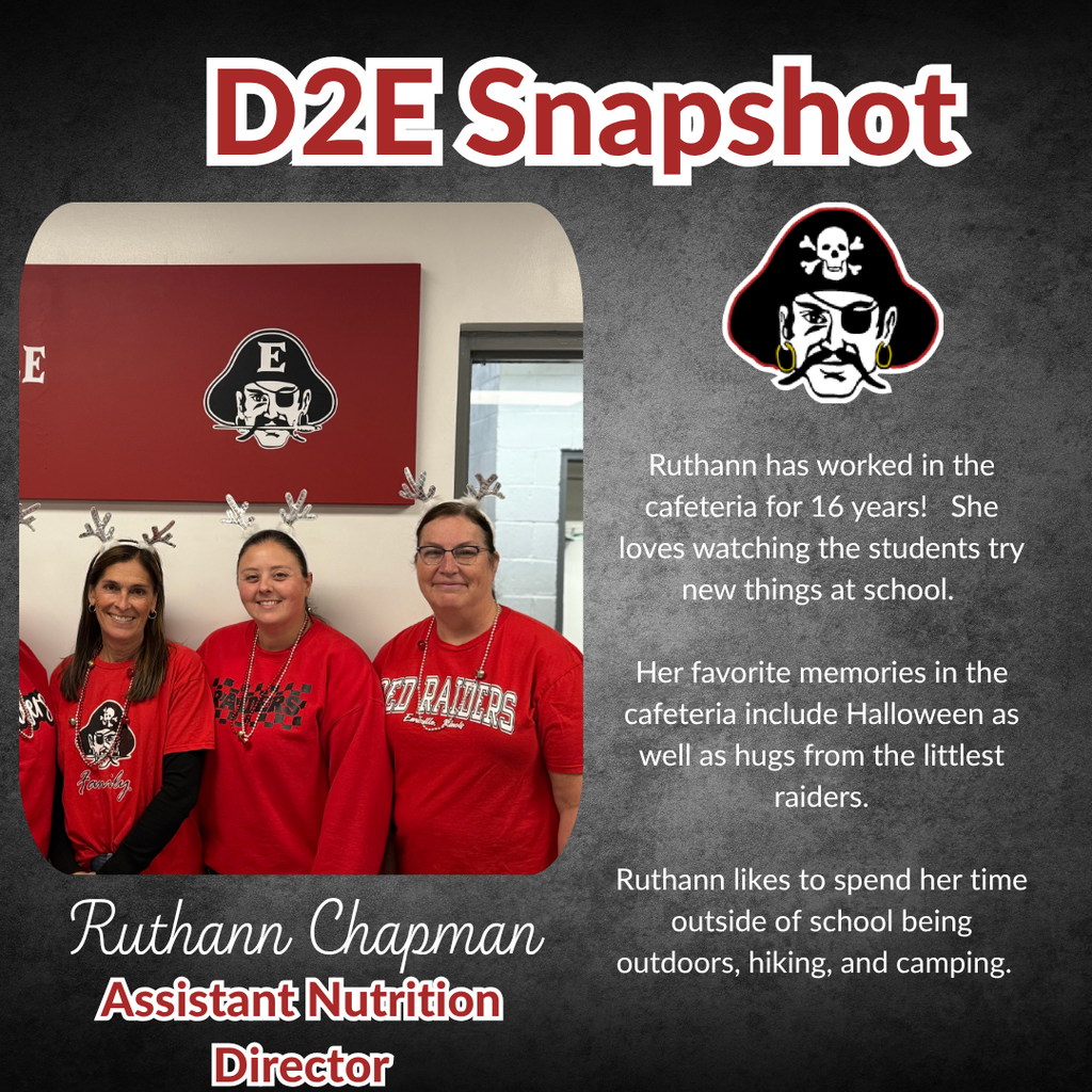 Three women in red shirts stand against a red background with a pirate logo. A text box provides Ruthann's work history and hobbies.