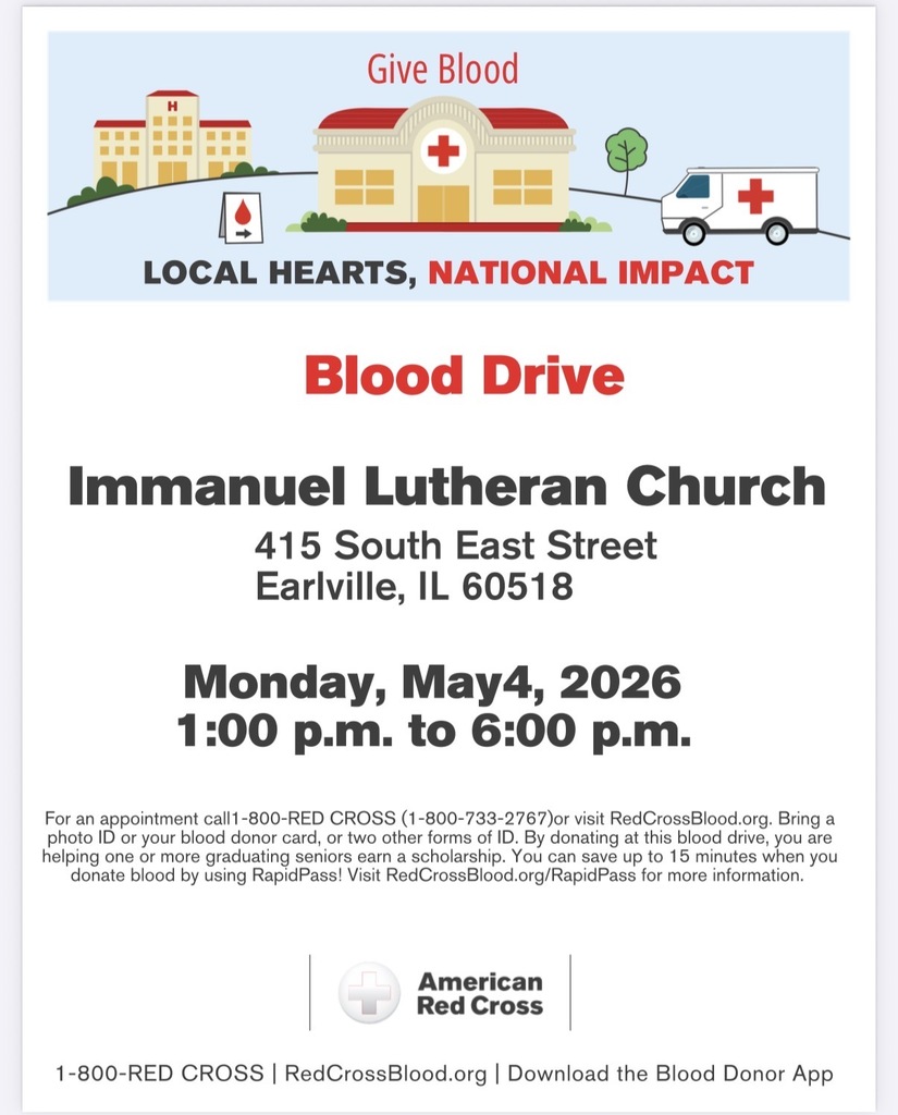 A flyer for a blood drive at Immanuel Lutheran Church. It includes event details, address, and date.