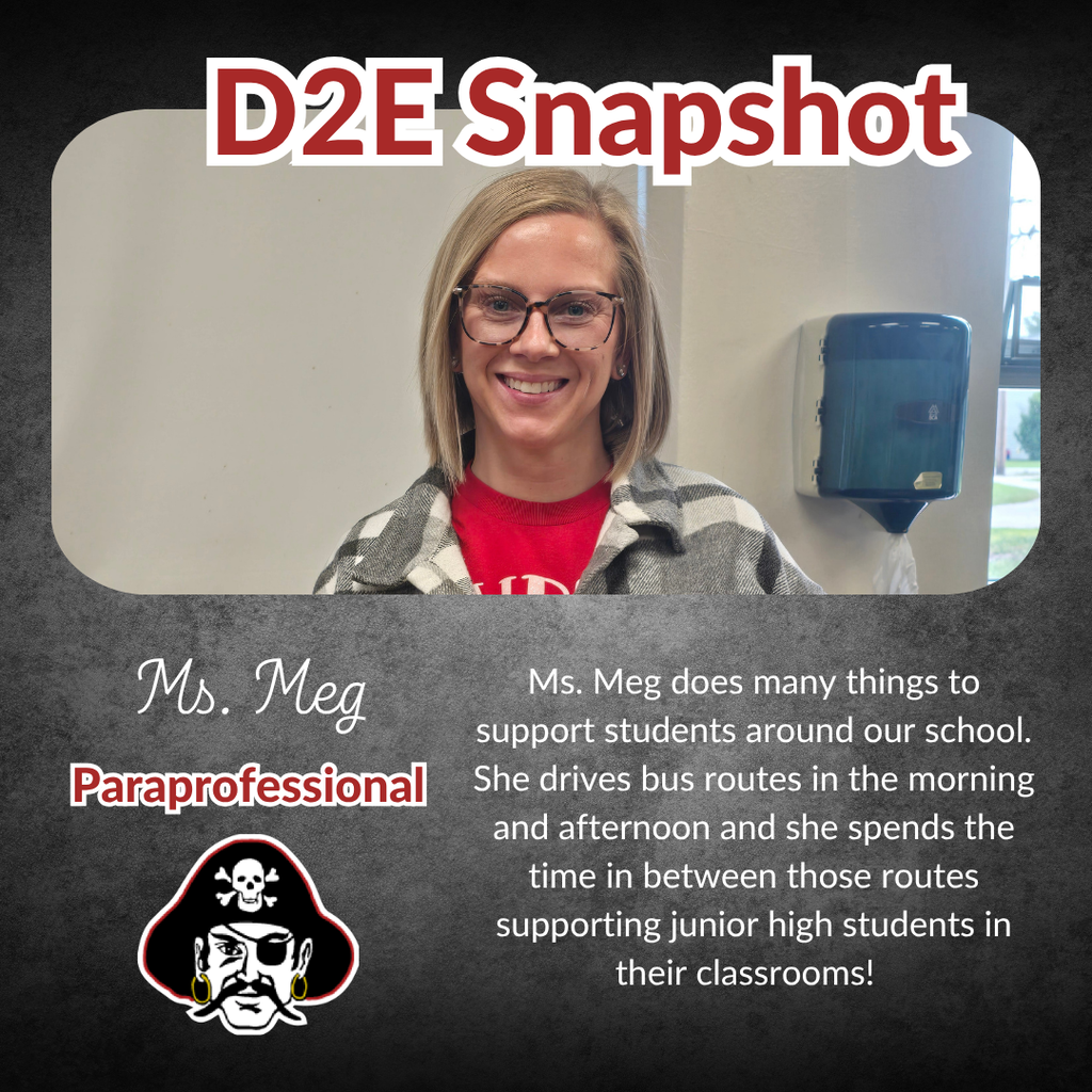 A person named Ms. Meg, a paraprofessional, smiles in a school setting. She drives bus routes and supports junior high students.