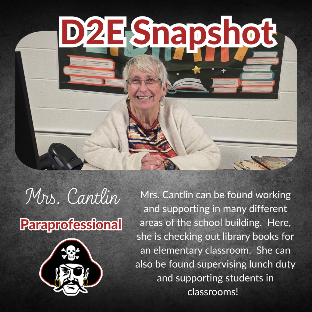 An image with a pirate logo showing a smiling woman, Mrs. Cantlin, seated in a classroom. Text provides context.