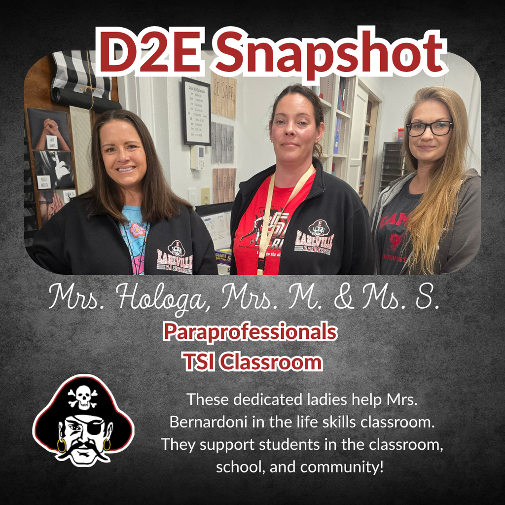 Three women in a classroom with signs reading "D2E Snapshot". Their names are Mrs. H, Mrs. M, and Mrs. S.