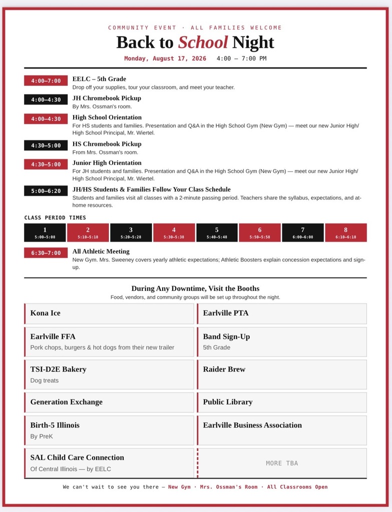 A page with a title "Back to School Night" in bold text. Below, several activities and their timings are listed.