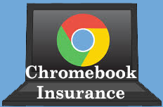 Chromebook with Google logo open, displaying "Chromebook Insurance" text on a blue background.