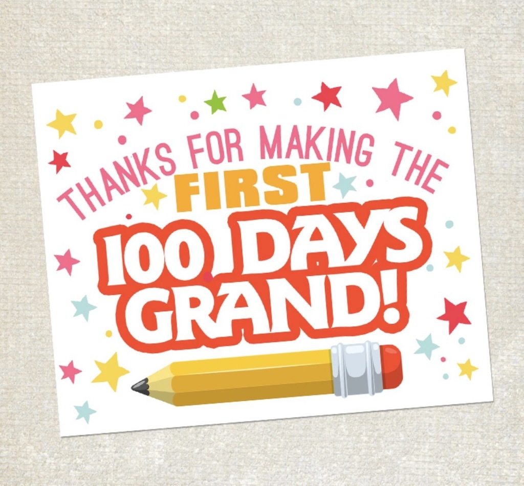 A white card with stars and a pencil, reading "Thanks for making the first 100 days grand!"