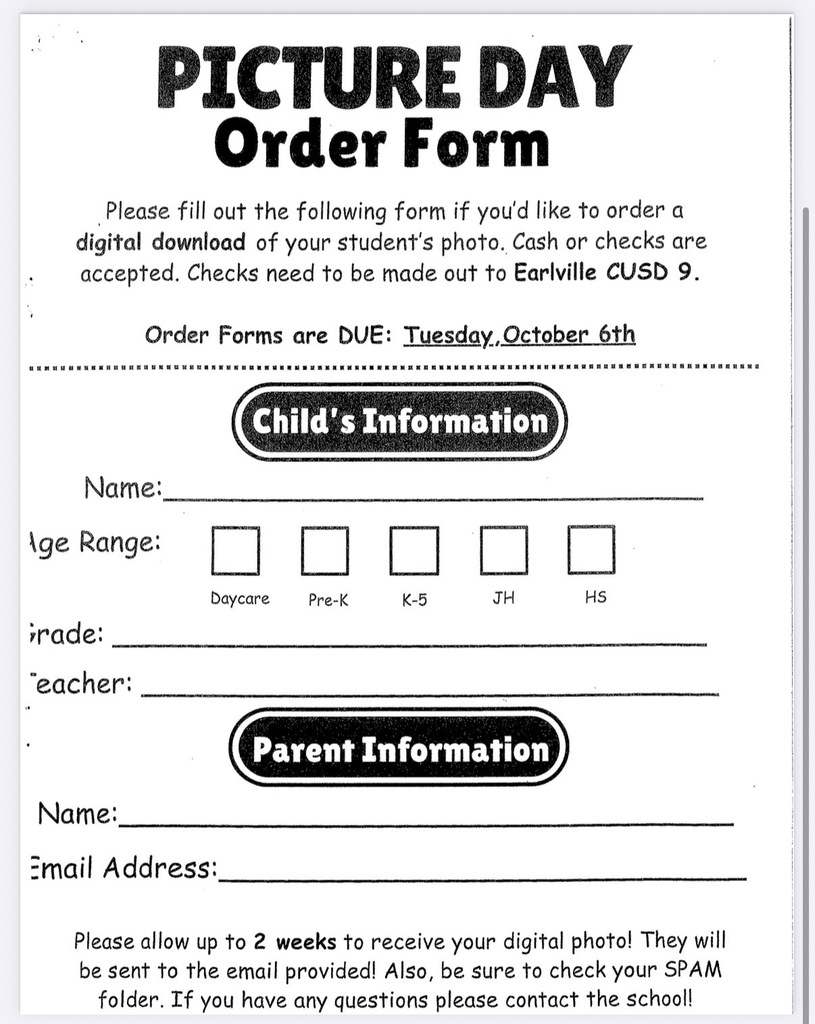 Picture day order form. Blank fields for child's name, age range, grade, daycare, and teacher. Blank fields for parent's name and email address.