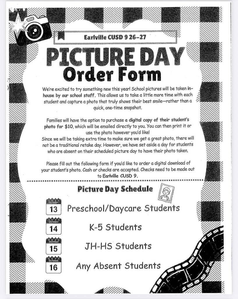 Black and white text on a black and white checkered background. It reads "Picture Day Order Form" with a camera image at the top and a film strip at the bottom.