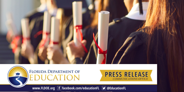Group of graduates in black caps and gowns holding rolled diplomas tied with red ribbons. The image includes a banner at the bottom with the Florida Department of Education logo on the left and a yellow 'Press Release Communications Office' label on the right, along with social media and website links