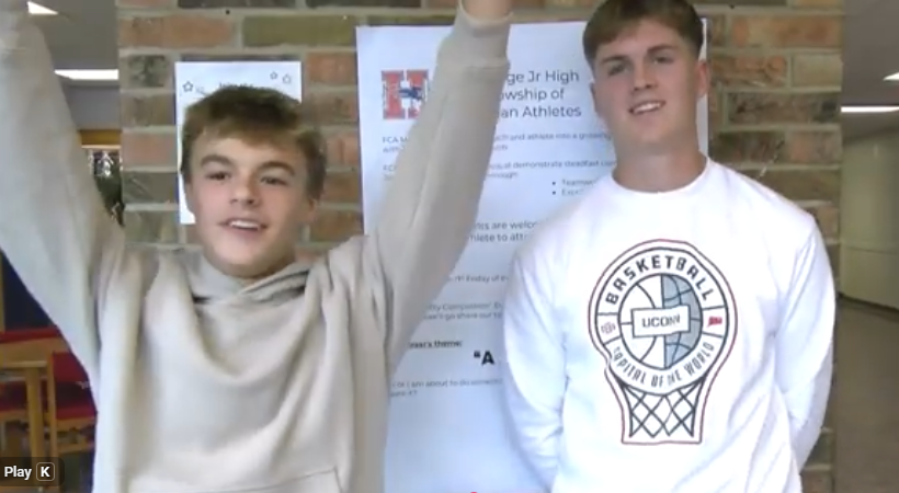 Seniors Beau Stoppenhagen and Graham Simmons are seen in the Heritage lobby.