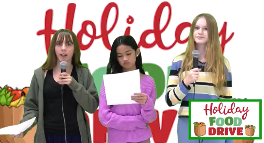 Three junior high girls appear in front of a holiday theme background, as they talk about the food drive going on at school.