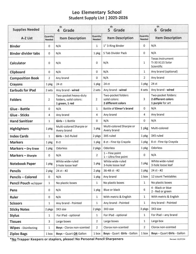 25-26 Supply List
