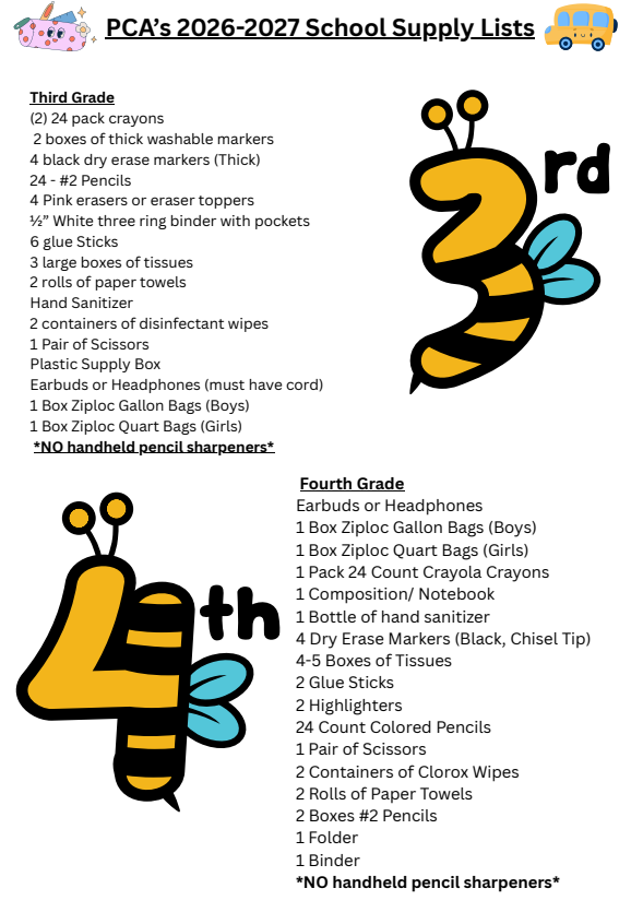 School Supply Lists 2026-2027 (Grades 3 & 4)