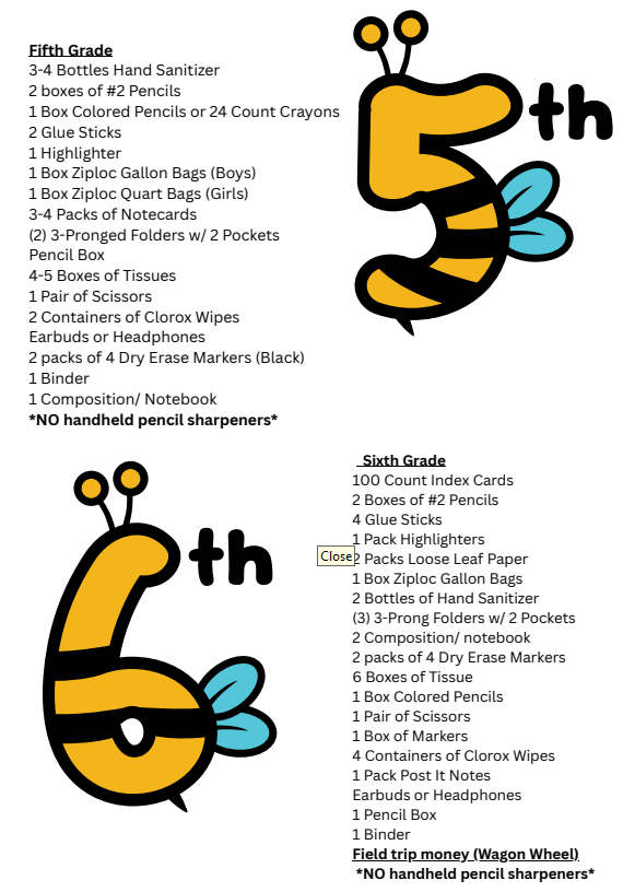 School Supply Lists 2026-2027 (Grades 5 & 6)