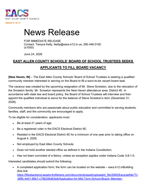 News release about school board vacancy and how to apply