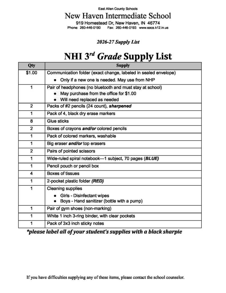 class supply lists