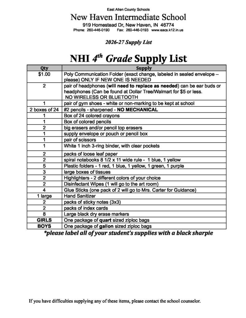 class supply lists