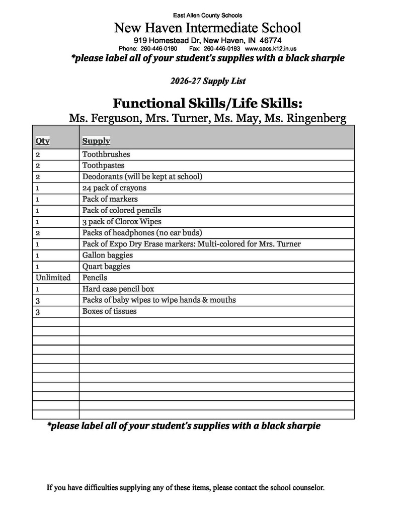 class supply lists