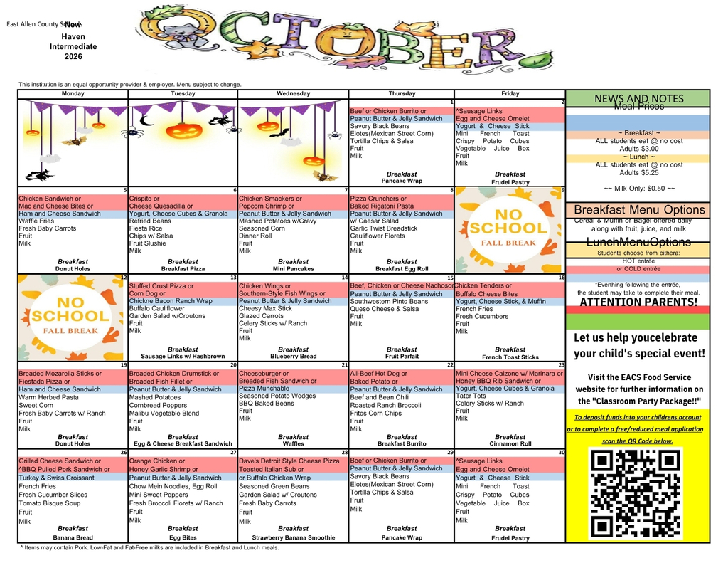October Lunch Menu