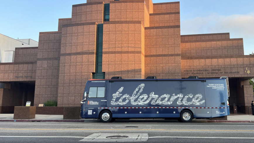 the mobile museum bus parked outside the original museum