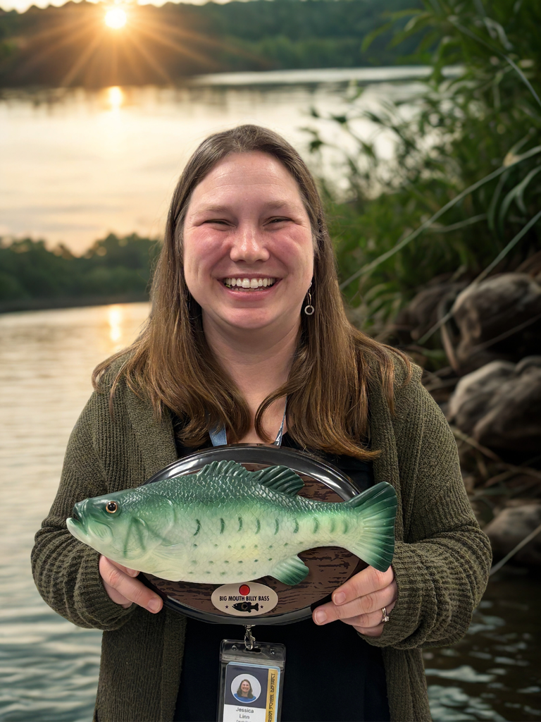 employee holding billy the bass smiling in front of a fishing spot