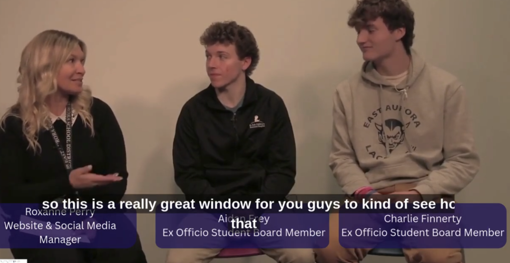 Ms. Perry and two students, Charlie Finnerty and Aidan Frey sitting in the podcast studio, talking.