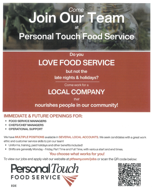 Flyer with all the information in the post above. Personal Touch food service logo is also present.