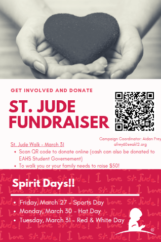 The poster promotes a St. Jude fundraiser, encouraging donations and participation in a walk on March 31