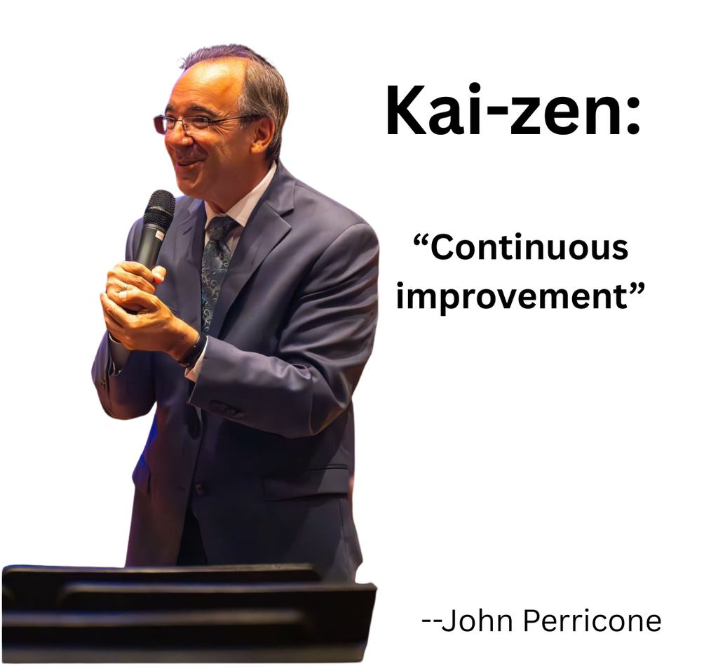 image of john perricone speaking with the word: Kai-zen which means continuous improvement