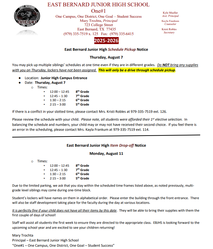 25-26 Schedule / Item Drop off Schedule