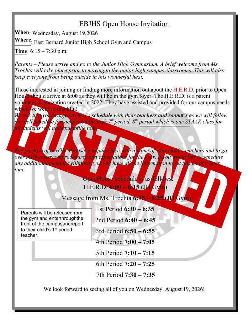Jr.High School Open House has been Postponed
