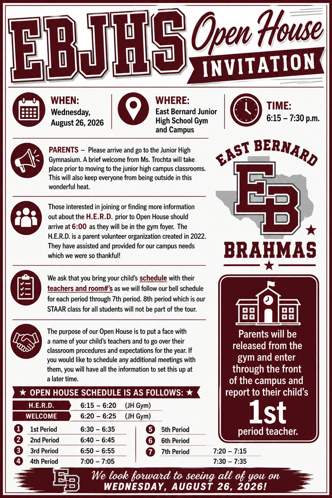 EBJH Open House has been rescheduled for Next Wednesday, August 26th