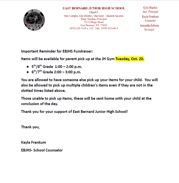 EBJH Fundraiser pick up on 10/20