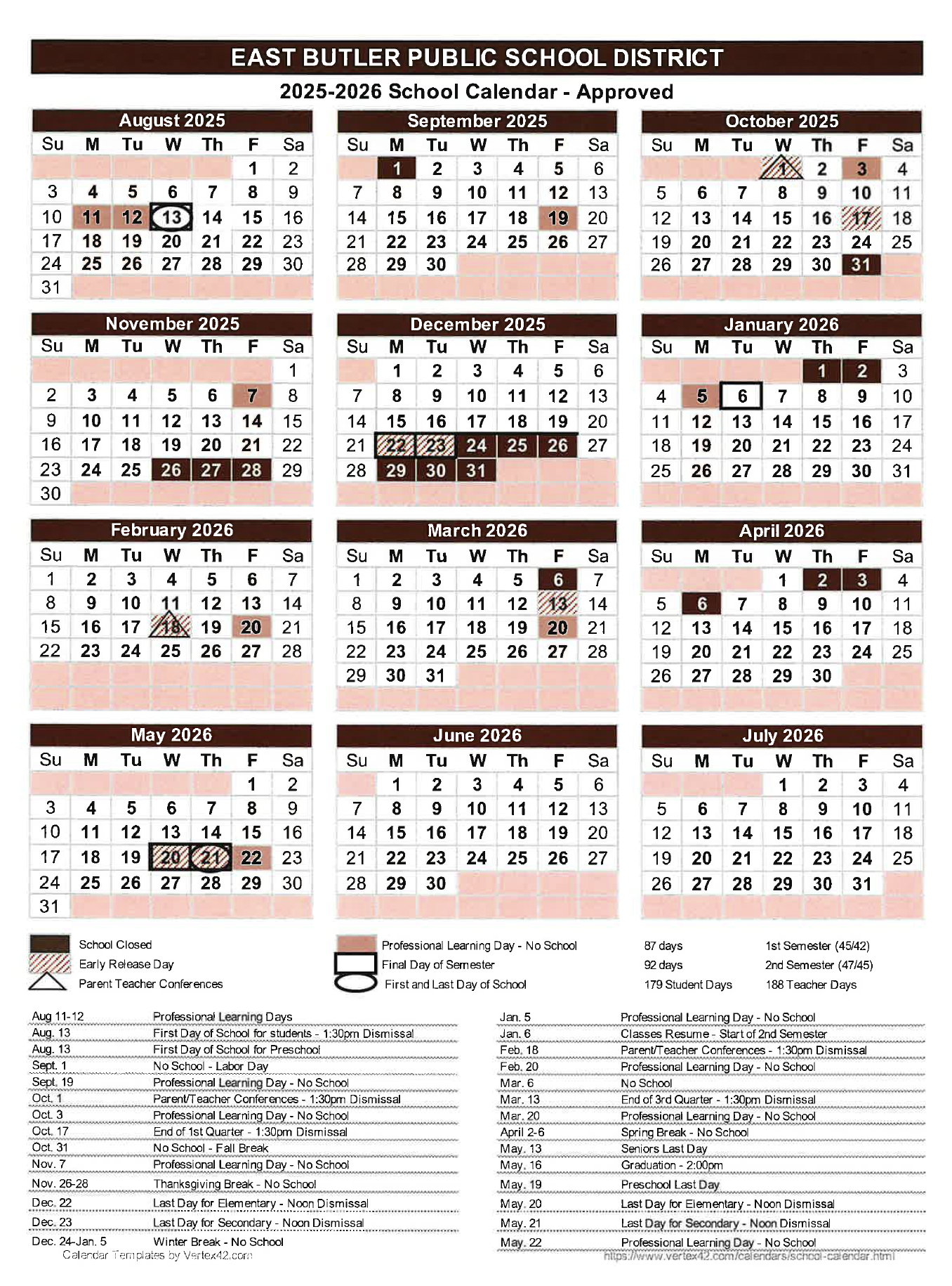 2025-2026 School Calendar | East Butler Public Schools