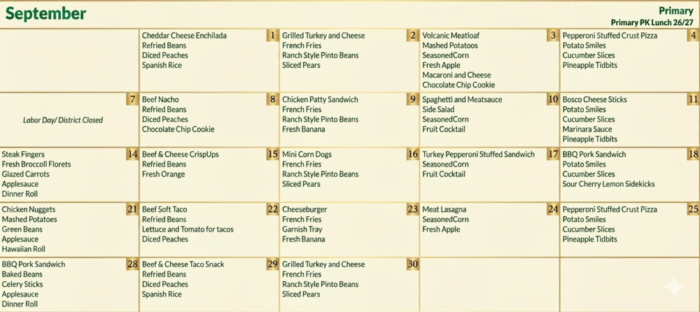 September PreK Lunch Menu