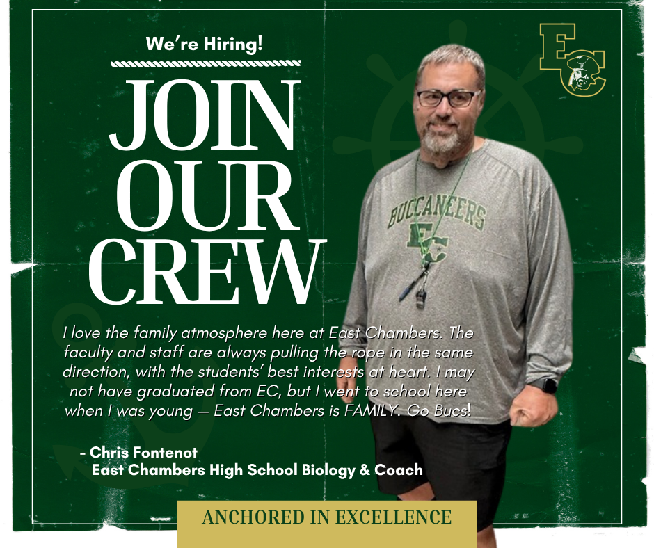 A man in a grey shirt stands against a green background. Text reads "Join Our Crew" and "Anchored in Excellence."