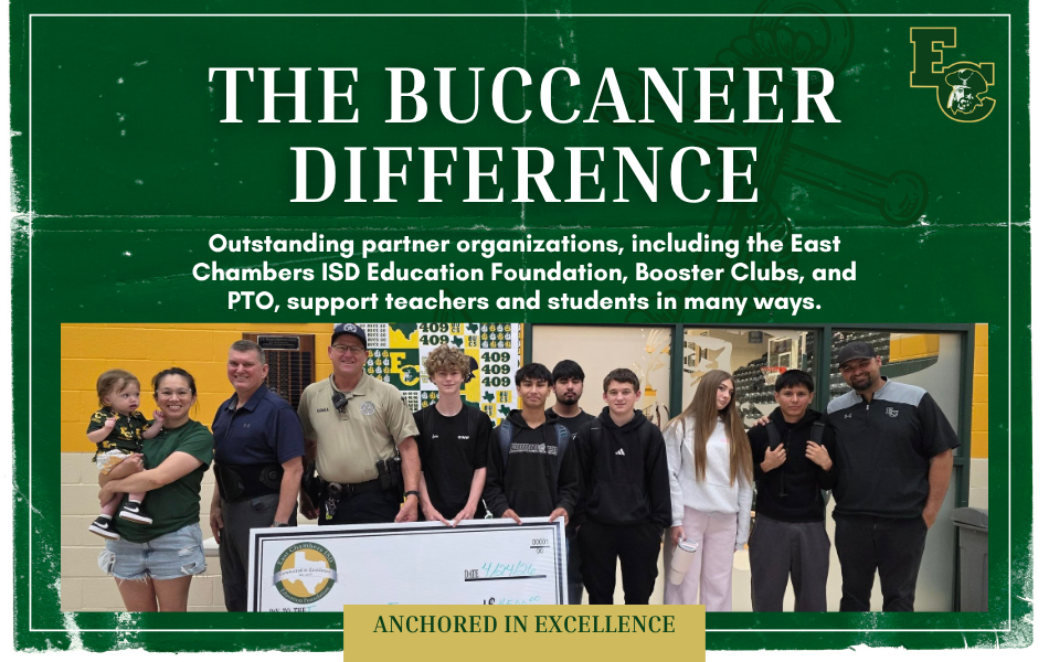 Poster with green background displays text "The Buccaneer Difference". Below, a group of people stands around a table with a large check.